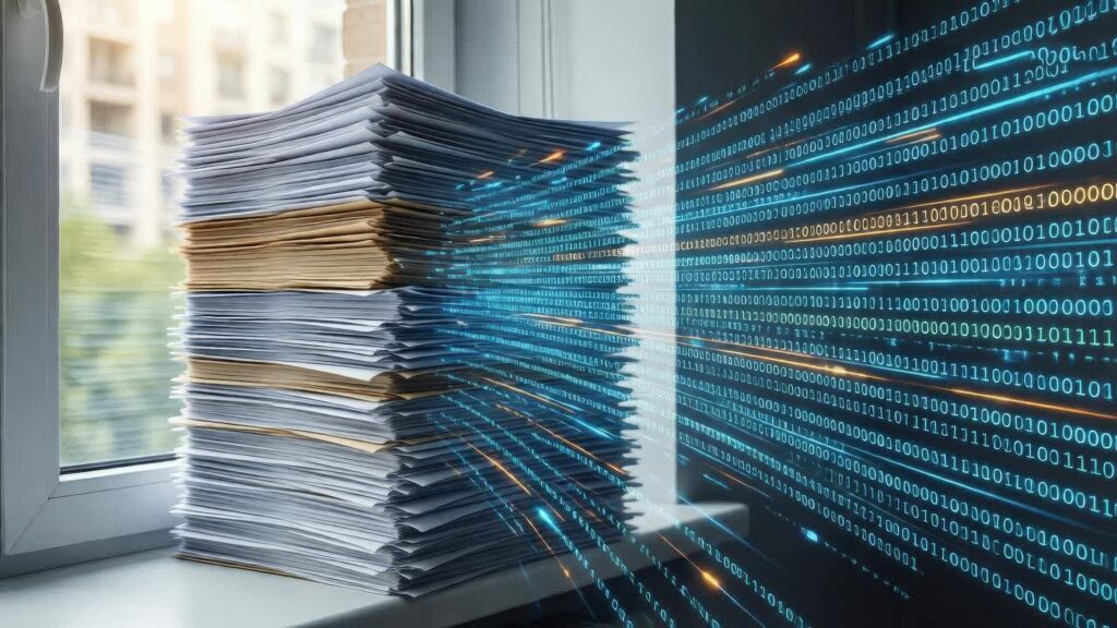 stacks of paperwork transforming into digital code flowing outward, representing automation, artificial intelligence, and the shift from manual work to digital systems.