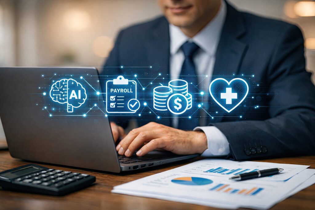 businessman using laptop with ai, payroll, finance, and healthcare icons.